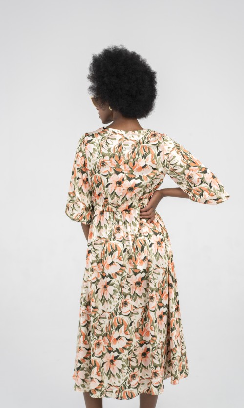 SIXDO Multicolor Floral Silk Midi Dress